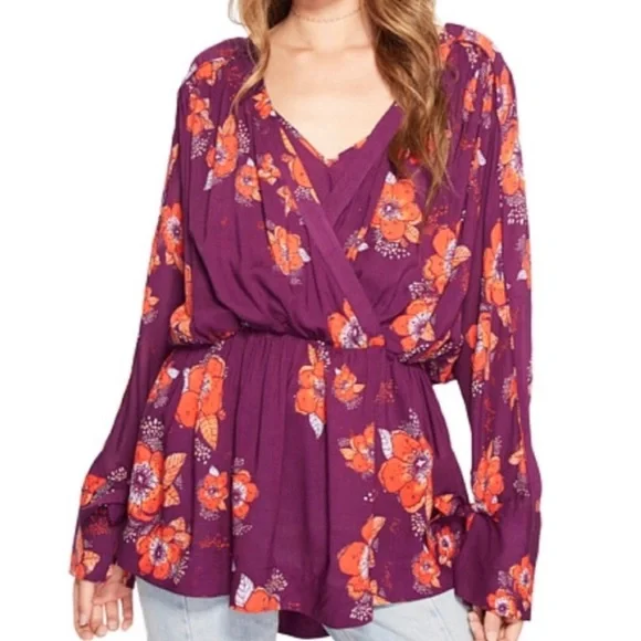 Free People Tropical Floral Print Faux Wrap Tie Sleeve Purple Peplum Blouse - Picture 13 of 15